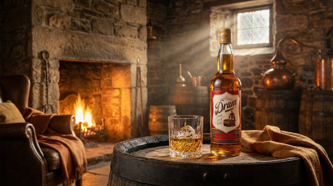 Dram Loch by the fireside, with copper stills and oak barrels in the background